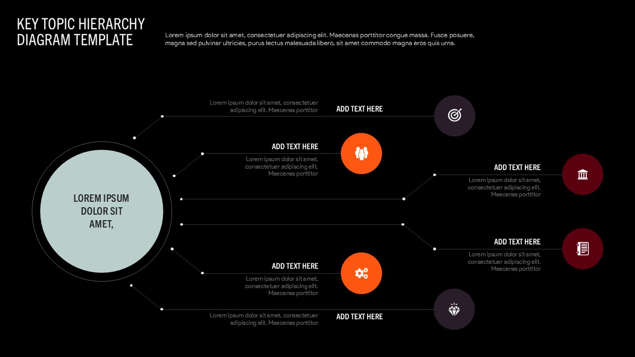 Key Topic Hierarchy Diagram Presentation Template with a central topic connected to multiple hierarchical branches using colorful circular nodes and icons on a dark background, ideal for illustrating organizational structures, strategic planning, concept mapping, and topic relationships in PowerPoint and Google Slides.