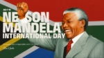 Colorful presentation cover for Nelson Mandela International Day featuring a smiling portrait of Nelson Mandela raising his fist against the South African flag, with bold white typography, the date July 18, an inspirational quote, and a modern design for PowerPoint and Google Slides.