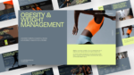 Cover slide of an Obesity & Weight Management PowerPoint and Google Slides template featuring a modern healthcare design with fitness imagery, sections on causes, risks, and evidence-based solutions, and a clean professional layout for medical and wellness presentations.