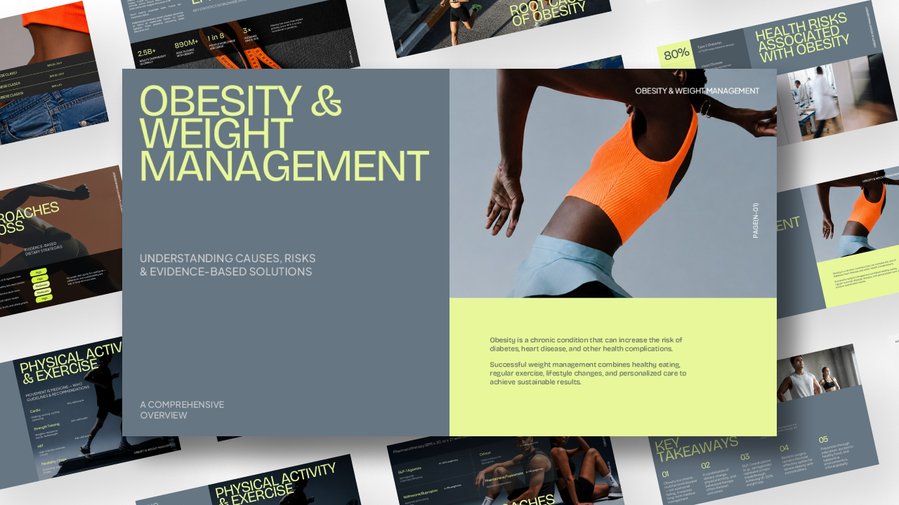 Cover slide of an Obesity & Weight Management PowerPoint and Google Slides template featuring a modern healthcare design with fitness imagery, sections on causes, risks, and evidence-based solutions, and a clean professional layout for medical and wellness presentations.