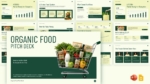 Organic Food Pitch Deck presentation template for PowerPoint and Google Slides featuring a green-themed design with slides for market analysis, business model, growth strategy, fundraising, financial projections, traction metrics, team introduction, and an organic grocery cart cover slide.