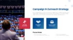 Political Party Campaign and Outreach Strategy slide for PowerPoint and Google Slides featuring voter engagement strategies, campaign awareness, trust building, voter conversion, and focus areas for political outreach.