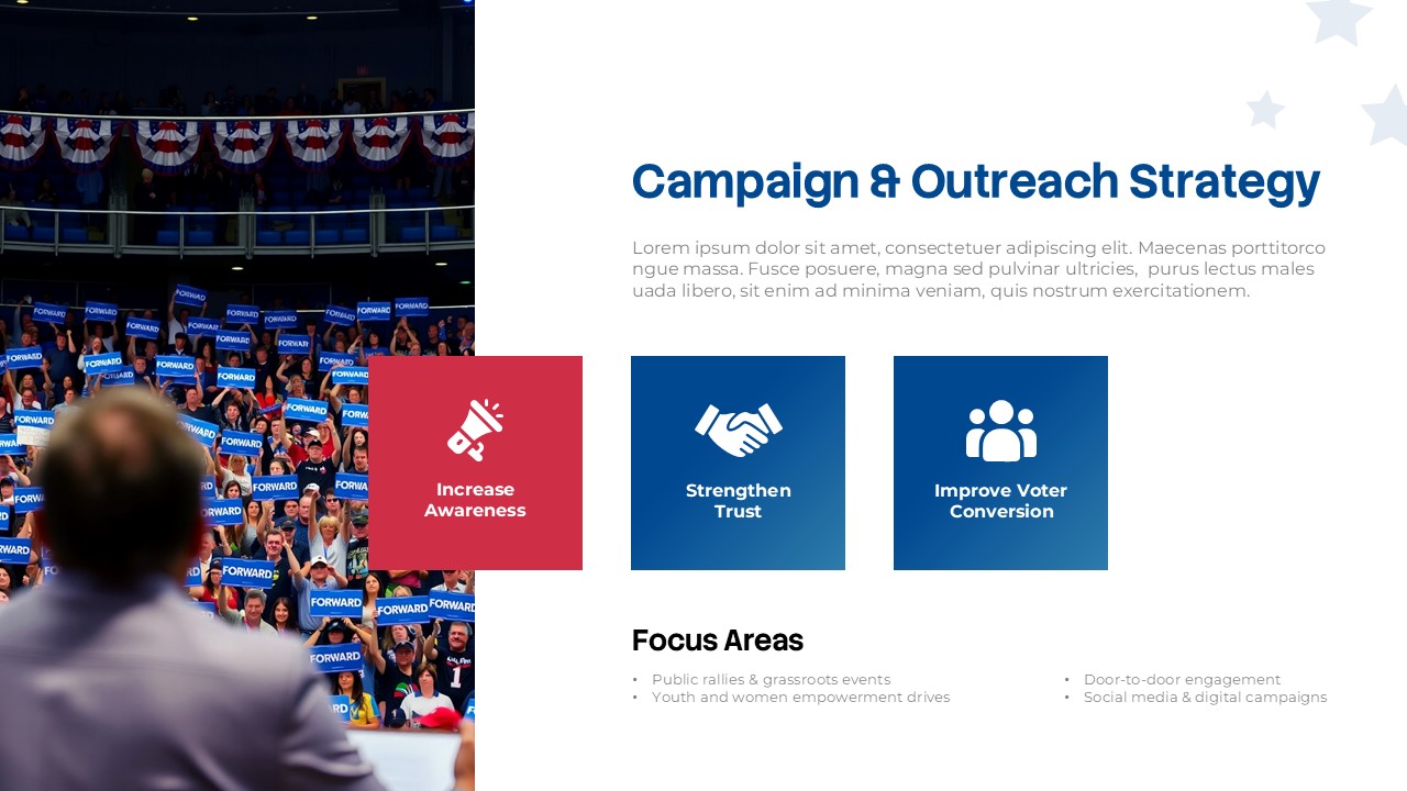 Political Party Campaign and Outreach Strategy slide for PowerPoint and Google Slides featuring voter engagement strategies, campaign awareness, trust building, voter conversion, and focus areas for political outreach.