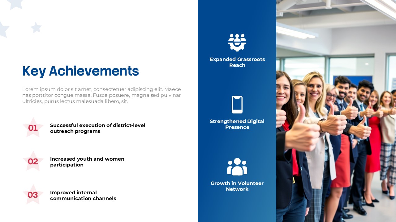 Political Party Key Achievements slide for PowerPoint and Google Slides featuring campaign milestones, grassroots outreach, digital presence, volunteer growth, and supporter engagement.