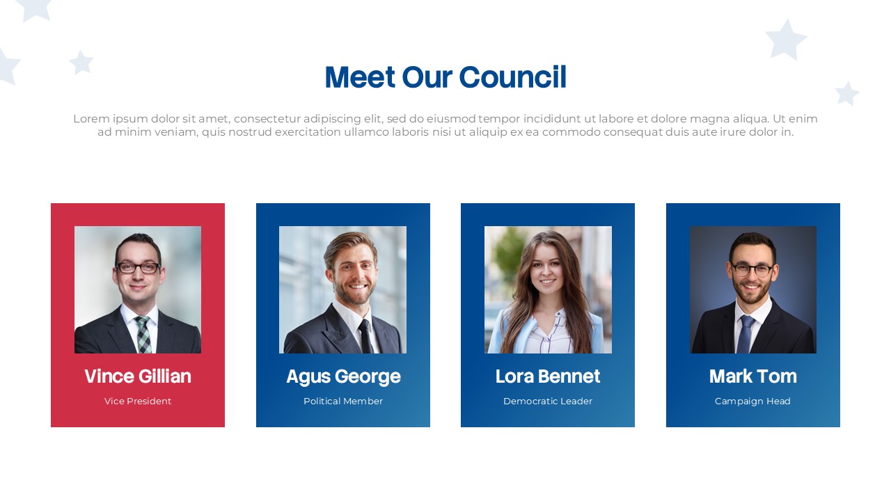Political Party Meet Our Council slide for PowerPoint and Google Slides featuring leadership profile cards for council members, campaign executives, and political team introductions.