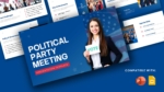 Political party meeting presentation template with a professional blue design, campaign-themed slides, agenda, achievements, policy overview, and a candidate holding a vote sign.