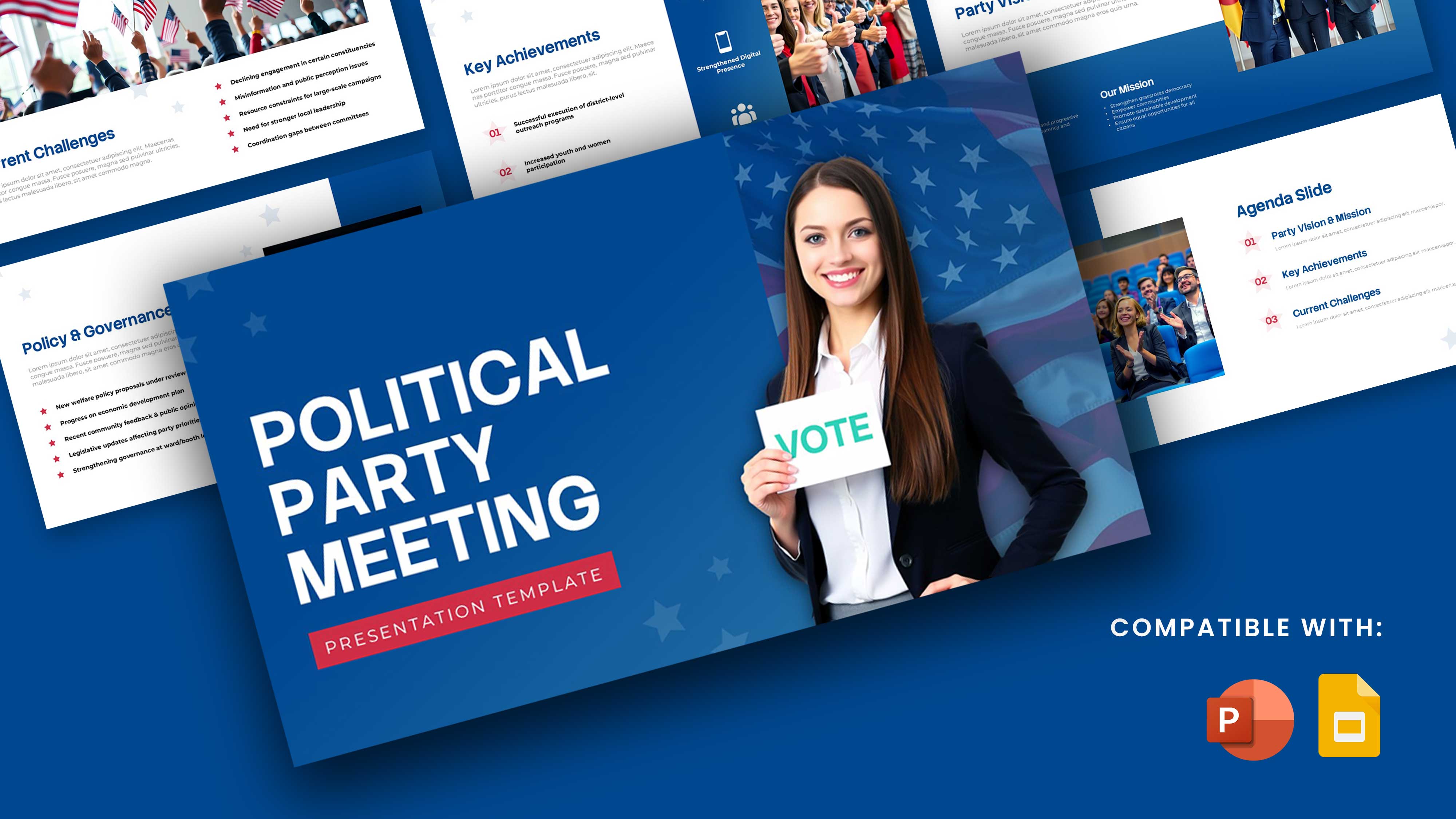 Political party meeting presentation template with a professional blue design, campaign-themed slides, agenda, achievements, policy overview, and a candidate holding a vote sign.