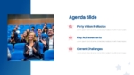 Political Party Meeting agenda slide for PowerPoint and Google Slides featuring sections for party vision and mission, key achievements, current challenges, and an audience photo.