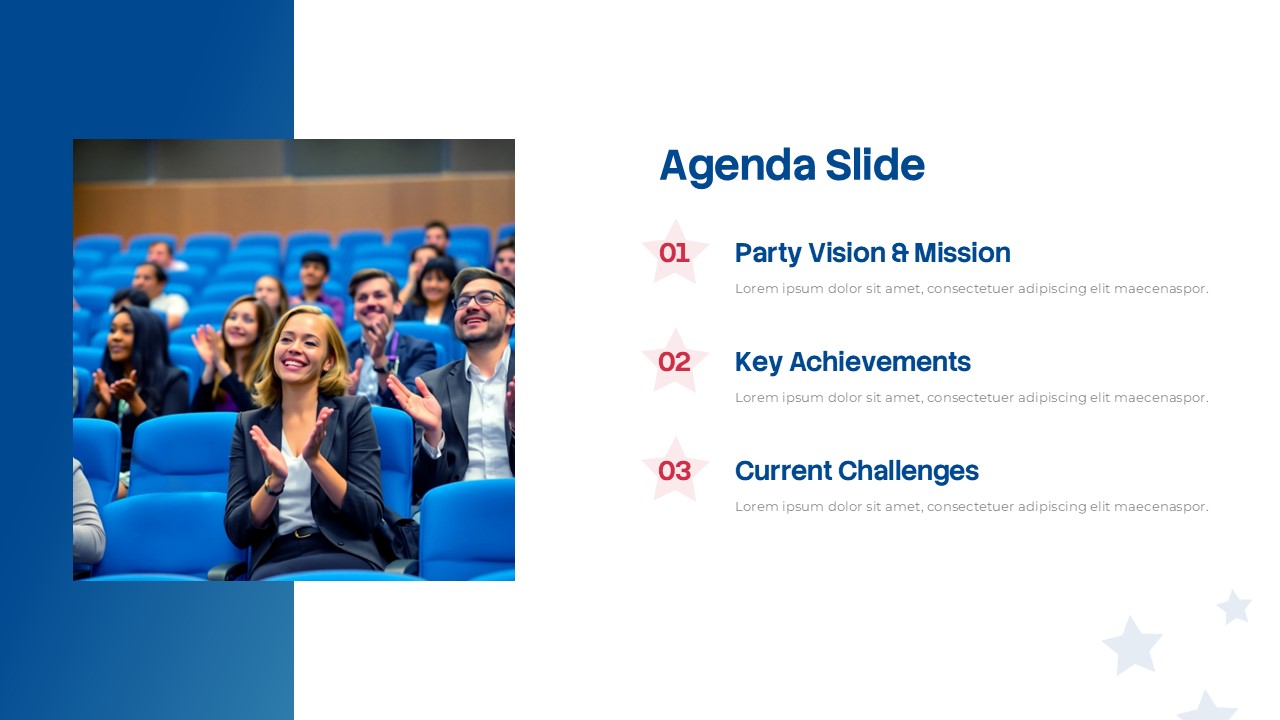 Political Party Meeting agenda slide for PowerPoint and Google Slides featuring sections for party vision and mission, key achievements, current challenges, and an audience photo.