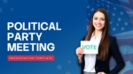 Political Party Meeting presentation cover template for PowerPoint and Google Slides featuring a blue background, election campaign theme, candidate holding a vote card, and patriotic flag backdrop.