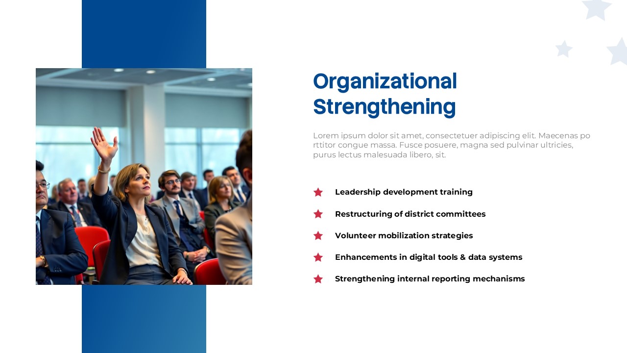 Political Party Organizational Strengthening slide for PowerPoint and Google Slides featuring leadership development, committee restructuring, volunteer mobilization, and organizational improvement initiatives.