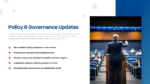 Political Party Policy and Governance Updates slide for PowerPoint and Google Slides featuring policy initiatives, governance priorities, legislative updates, and a speaker addressing an audience.