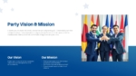 Political Party Vision and Mission slide for PowerPoint and Google Slides featuring vision and mission sections with a photo of political leaders standing before international flags.