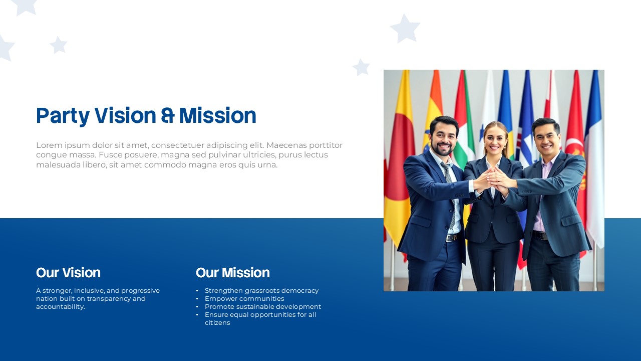 Political Party Vision and Mission slide for PowerPoint and Google Slides featuring vision and mission sections with a photo of political leaders standing before international flags.