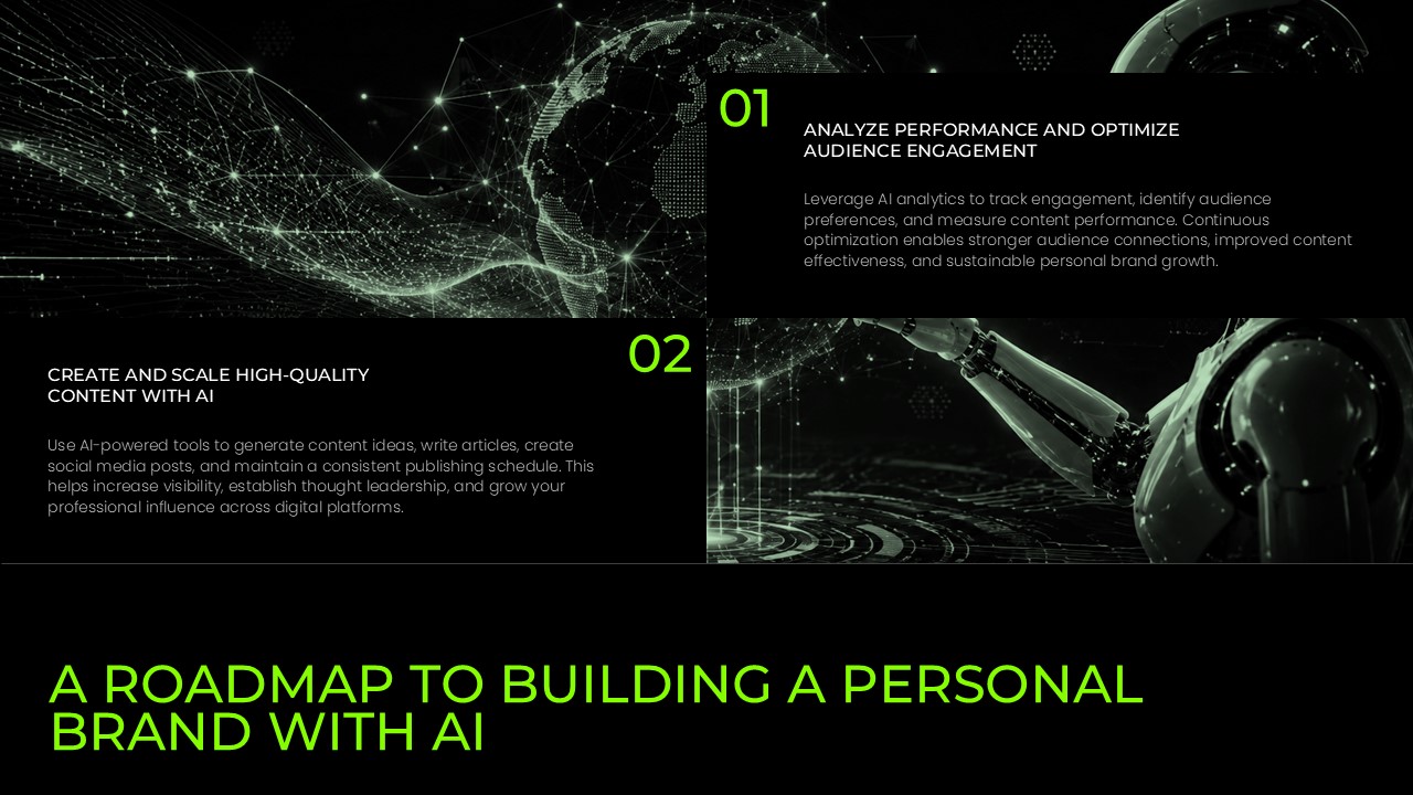 Roadmap to Building a Personal Brand with AI slide featuring AI-powered content creation, audience engagement optimization, analytics, and strategic branding roadmap in a futuristic black and neon green presentation design for PowerPoint and Google Slides.