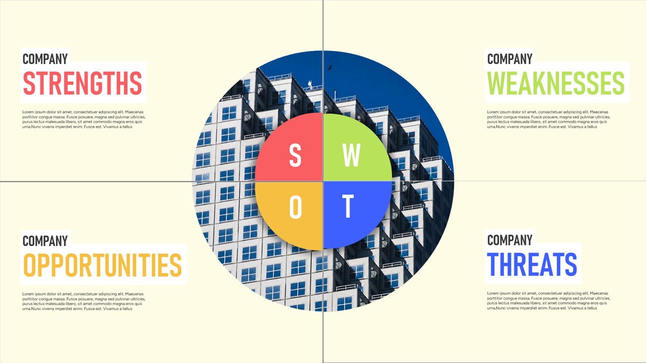 SWOT analysis infographic slide with a four-quadrant layout highlighting company strengths, weaknesses, opportunities, and threats around a central colorful SWOT circle over a modern building image.