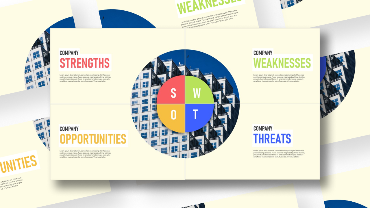 SWOT analysis presentation template featuring a four-quadrant layout for strengths, weaknesses, opportunities, and threats with a central colorful SWOT diagram over a modern building image.