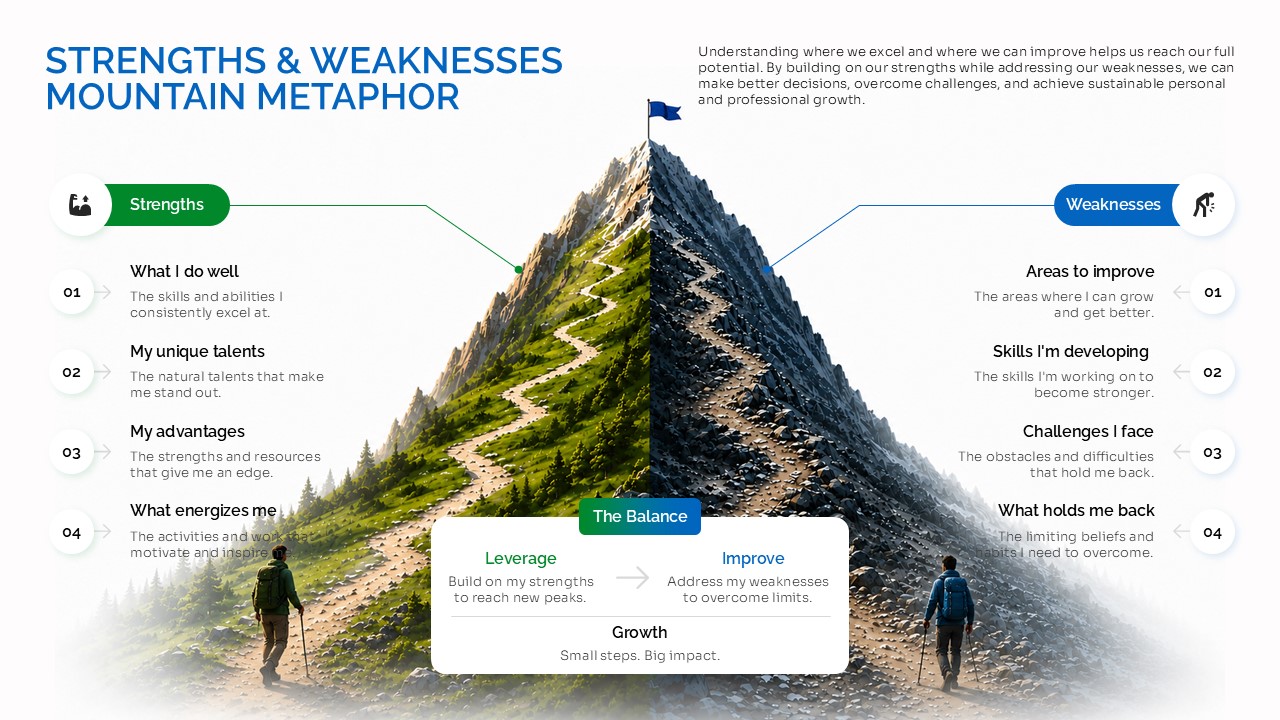 Strengths and Weaknesses Mountain Metaphor presentation slide featuring a split mountain graphic with editable sections for strengths, weaknesses, growth strategies, and performance assessment in PowerPoint and Google Slides.