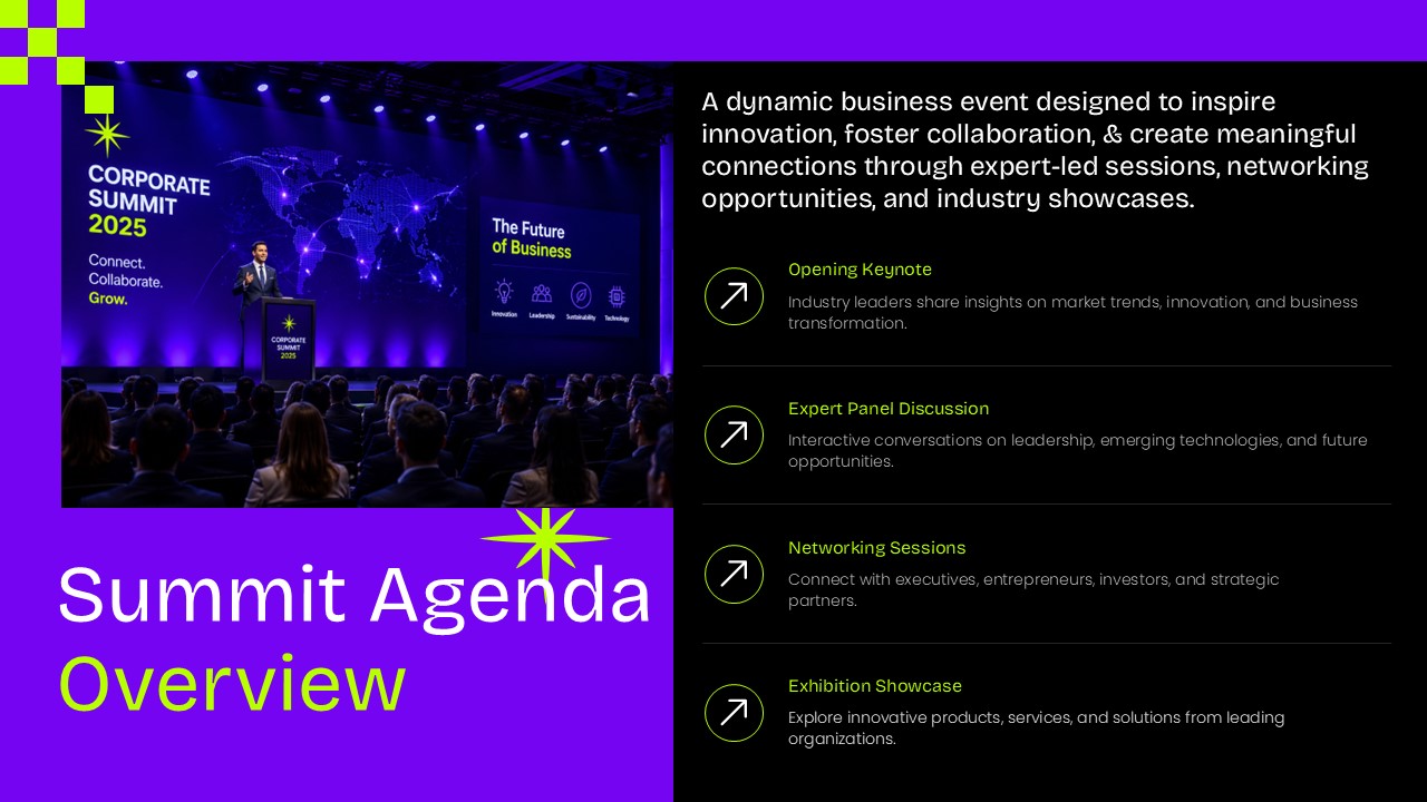 Summit Agenda Overview slide from a modern Event Proposal presentation template featuring a corporate event schedule with keynote, panel discussion, networking, and exhibition showcase sections in a bold purple, black, and neon green design for PowerPoint and Google Slides.