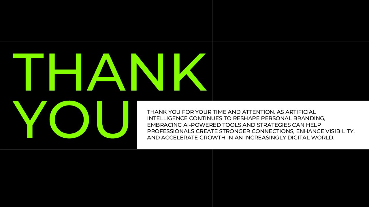 Thank You slide for a Future of Artificial Intelligence presentation featuring a bold black and neon green design with a closing message, ideal for professional presentations in PowerPoint and Google Slides.