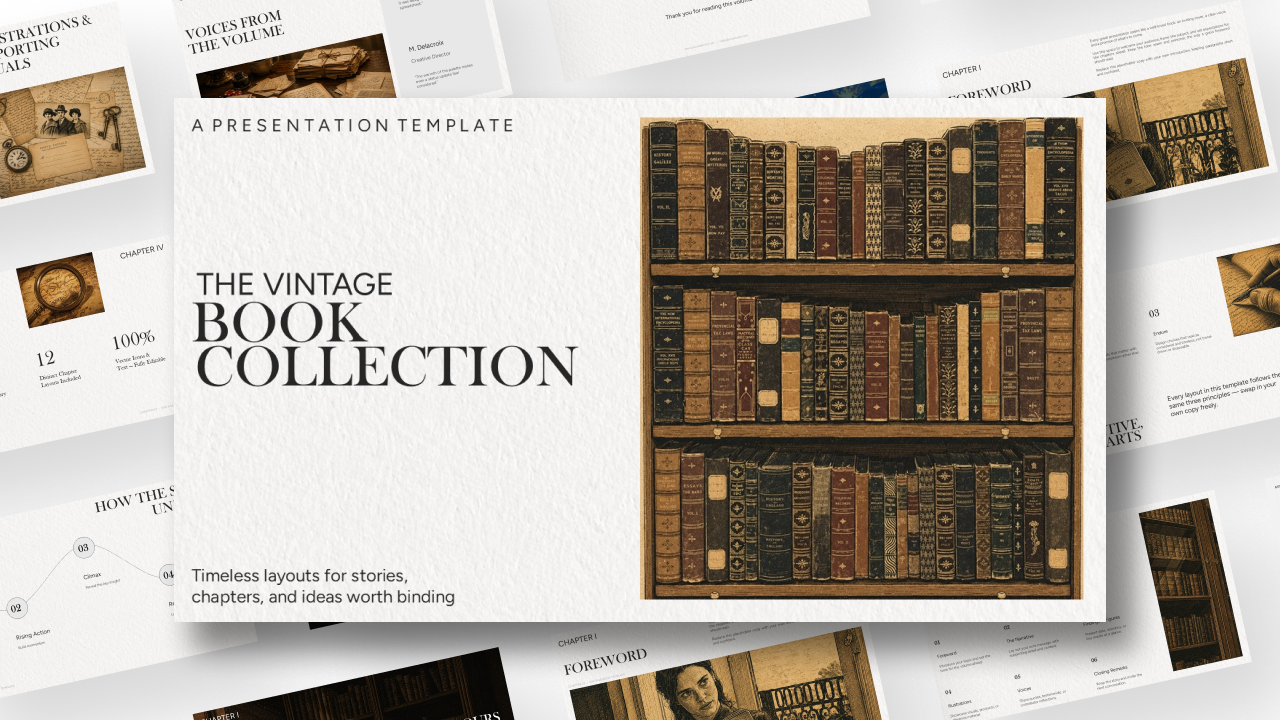 Cover slide of The Vintage Book Collection presentation template featuring an elegant vintage bookshelf filled with antique books, textured paper background, classic serif typography, and warm sepia tones, ideal for literature, history, education, publishing, and storytelling presentations.