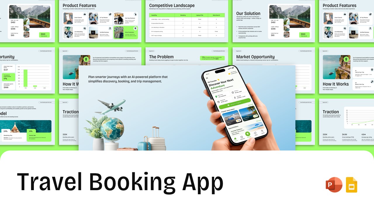 Travel Booking App Pitch Deck Template for PowerPoint and Google Slides featuring modern presentation slides for product features, market opportunity, competitive analysis, traction, business strategy, and investor pitching with a travel app interface displayed on a smartphone.