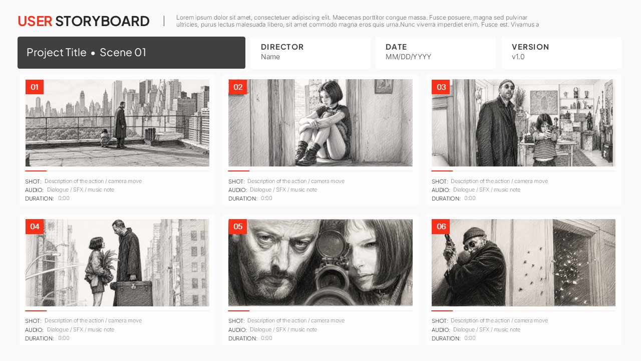 User Storyboard PowerPoint and Google Slides template featuring a six-panel storyboard layout with sections for scene numbers, project title, director, date, version, shot descriptions, audio notes, and duration for visual planning and production workflows.