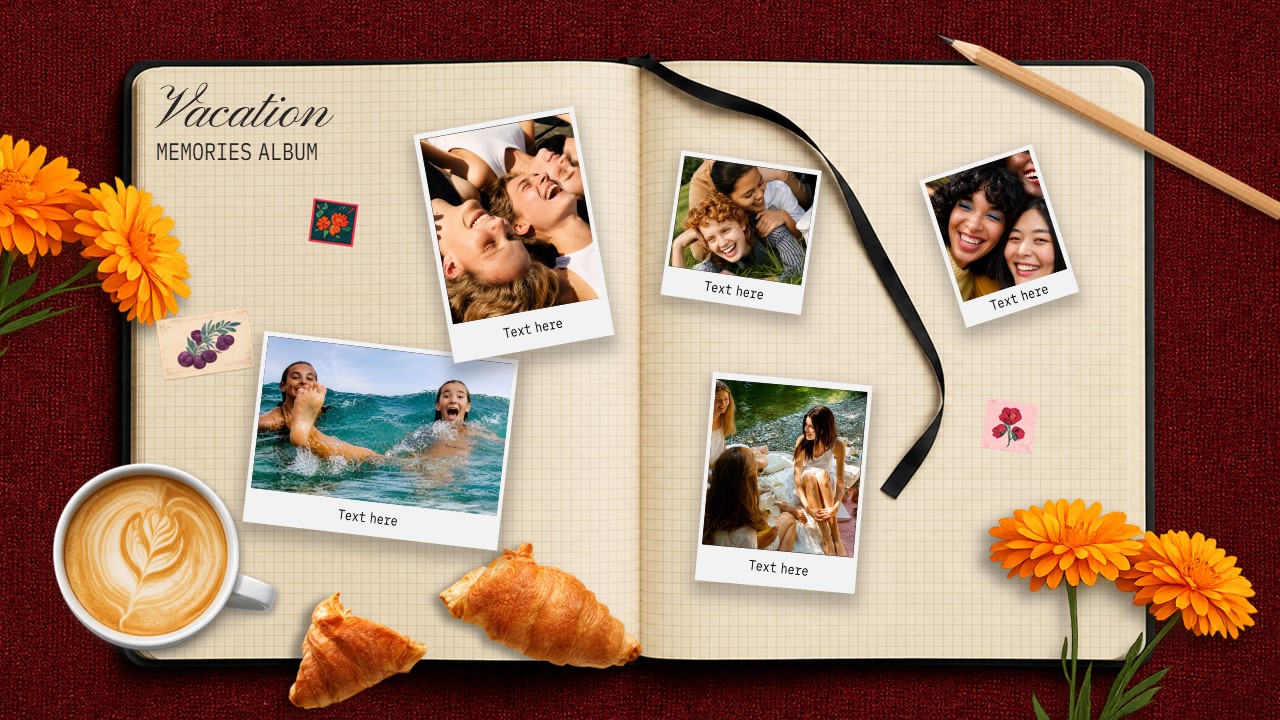 Vacation Memories Album PowerPoint and Google Slides template featuring a scrapbook-style open notebook with Polaroid photo frames, travel memories, flowers, coffee, and vacation-themed decorations.