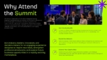 Why Attend the Summit slide from a modern Event Proposal presentation template highlighting industry insights, networking opportunities, and business growth benefits in a bold purple, black, and neon green design for PowerPoint and Google Slides.