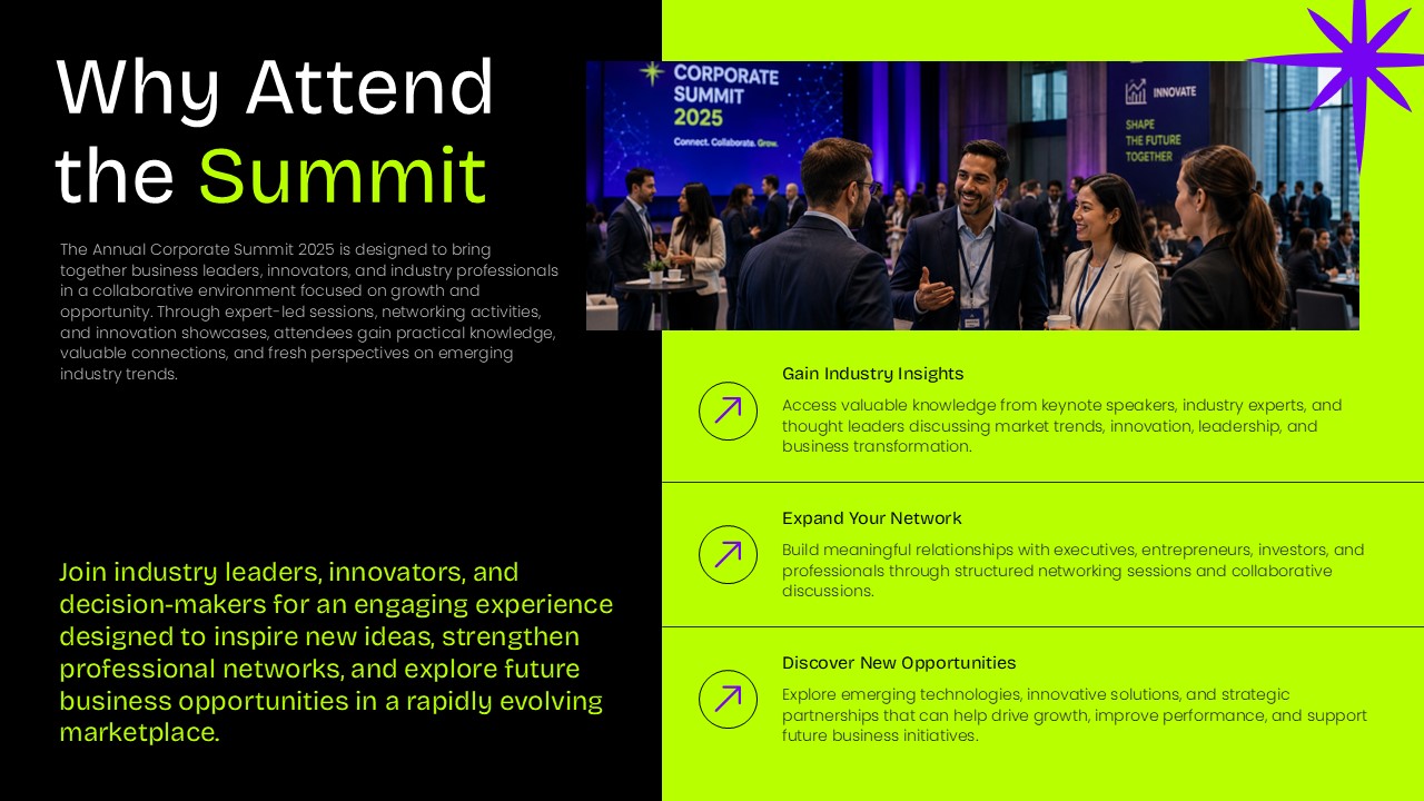 Why Attend the Summit slide from a modern Event Proposal presentation template highlighting industry insights, networking opportunities, and business growth benefits in a bold purple, black, and neon green design for PowerPoint and Google Slides.