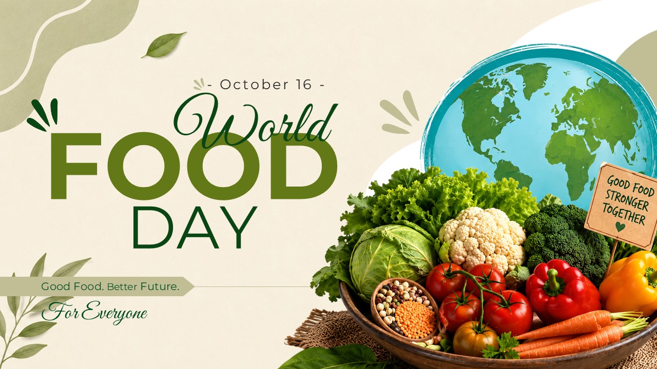 World Food Day PowerPoint and Google Slides template featuring fresh vegetables, a world globe, and October 16 awareness design promoting healthy food and sustainable agriculture.