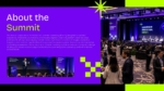 About the Summit slide from a modern Event Proposal presentation template featuring a corporate summit overview, conference photos, and a bold purple, black, and neon green design for PowerPoint and Google Slides.
