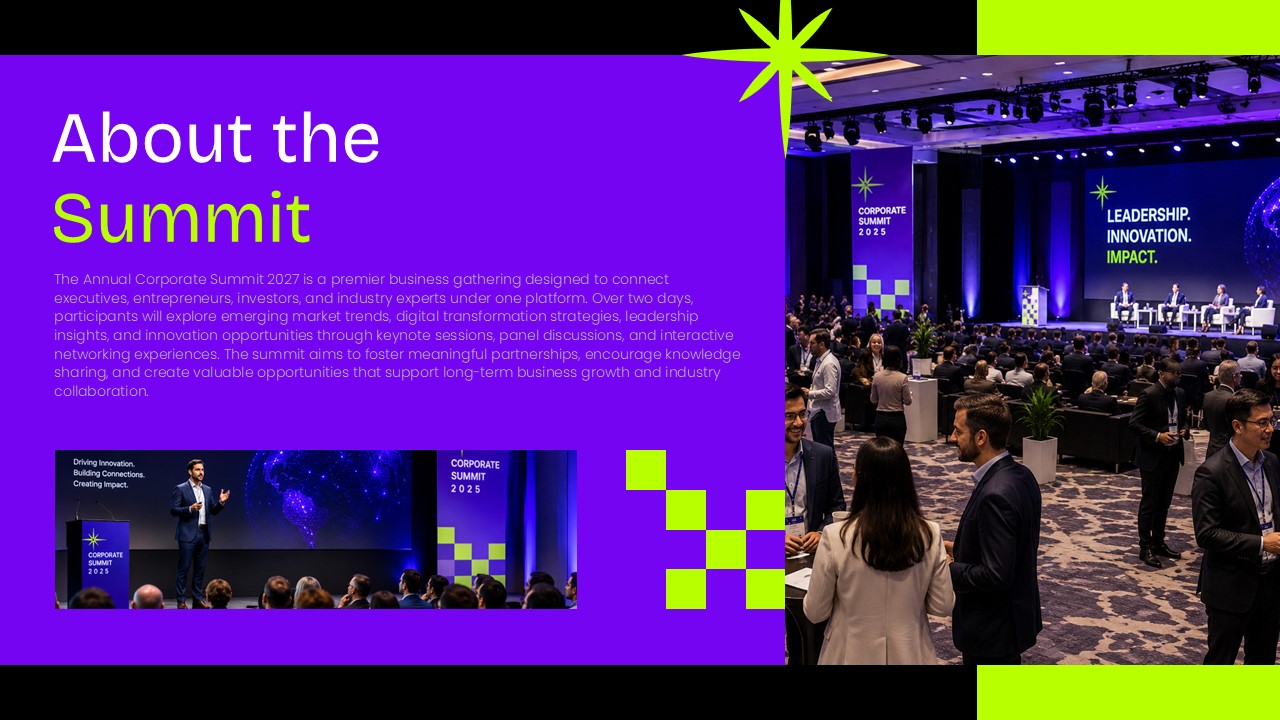 About the Summit slide from a modern Event Proposal presentation template featuring a corporate summit overview, conference photos, and a bold purple, black, and neon green design for PowerPoint and Google Slides.