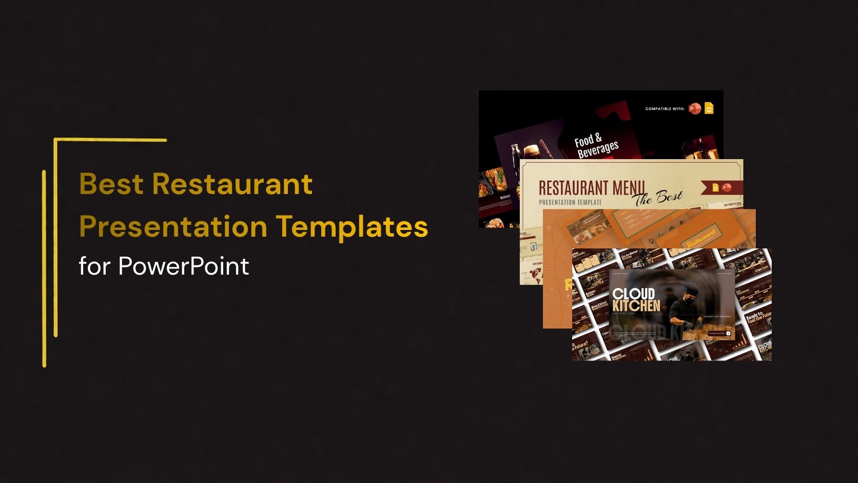Collage of restaurant presentation templates for PowerPoint featuring menu, food, beverage, and cloud kitchen presentation designs for business and marketing.
