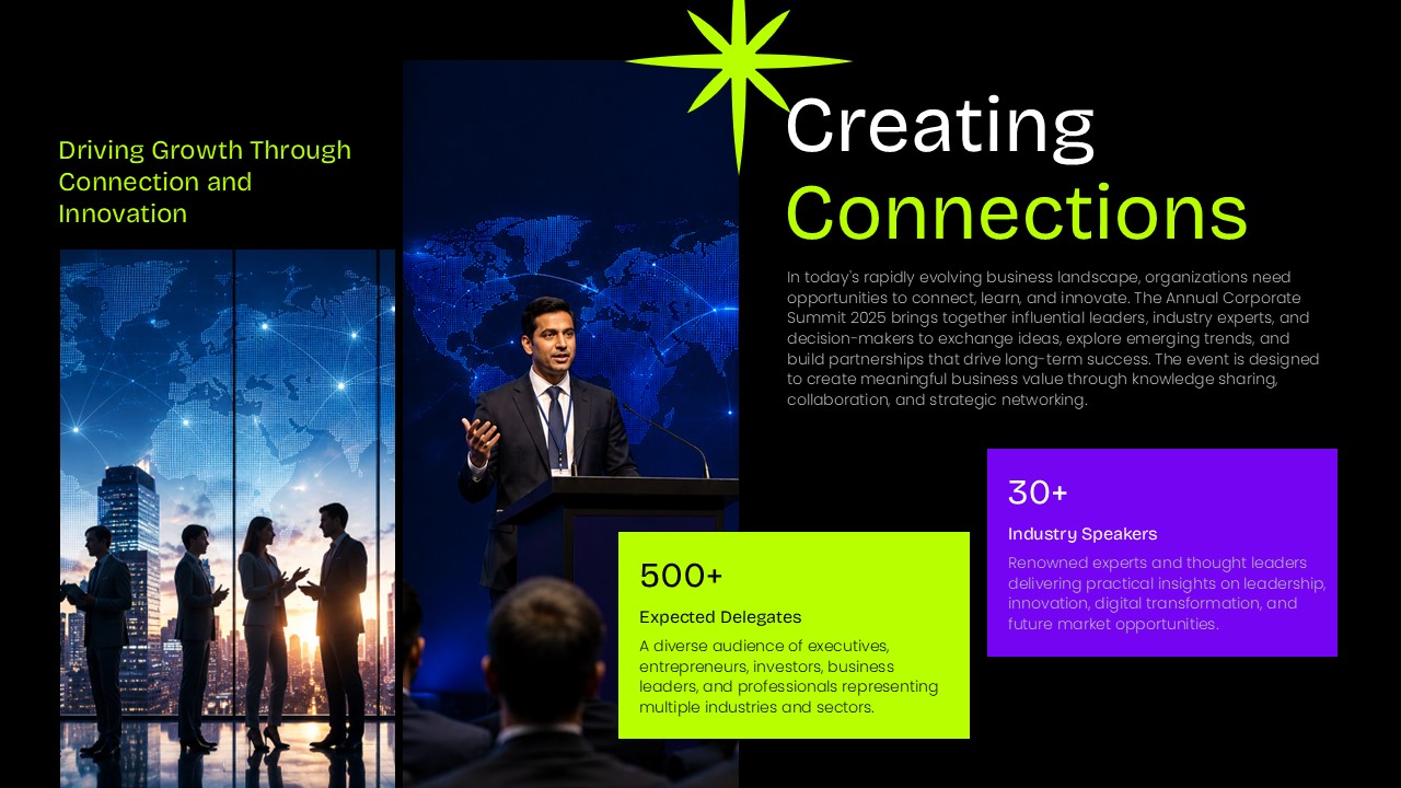 Creating Connections slide from a modern Event Proposal presentation template featuring keynote speaker imagery, networking visuals, attendee statistics, and event highlights in a bold purple, black, and neon green design for PowerPoint and Google Slides.