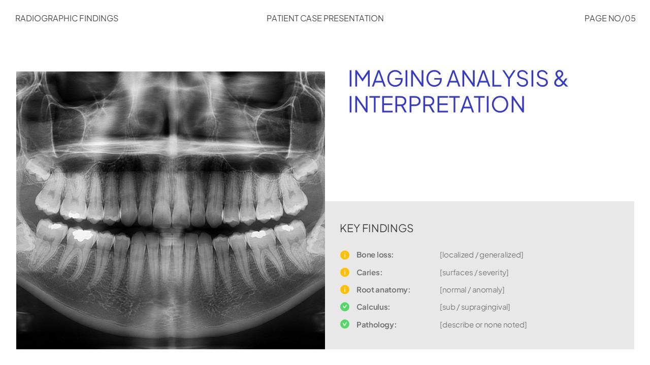 Dental Hygiene Radiographic Findings slide template featuring a panoramic dental X-ray, imaging analysis section, and editable key findings for bone loss, caries, calculus, and pathology in PowerPoint and Google Slides.