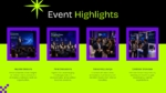 Event Highlights slide from a modern Event Proposal presentation template showcasing keynote sessions, panel discussions, networking lounge, and exhibition showcase in a bold purple, black, and neon green design for PowerPoint and Google Slides.