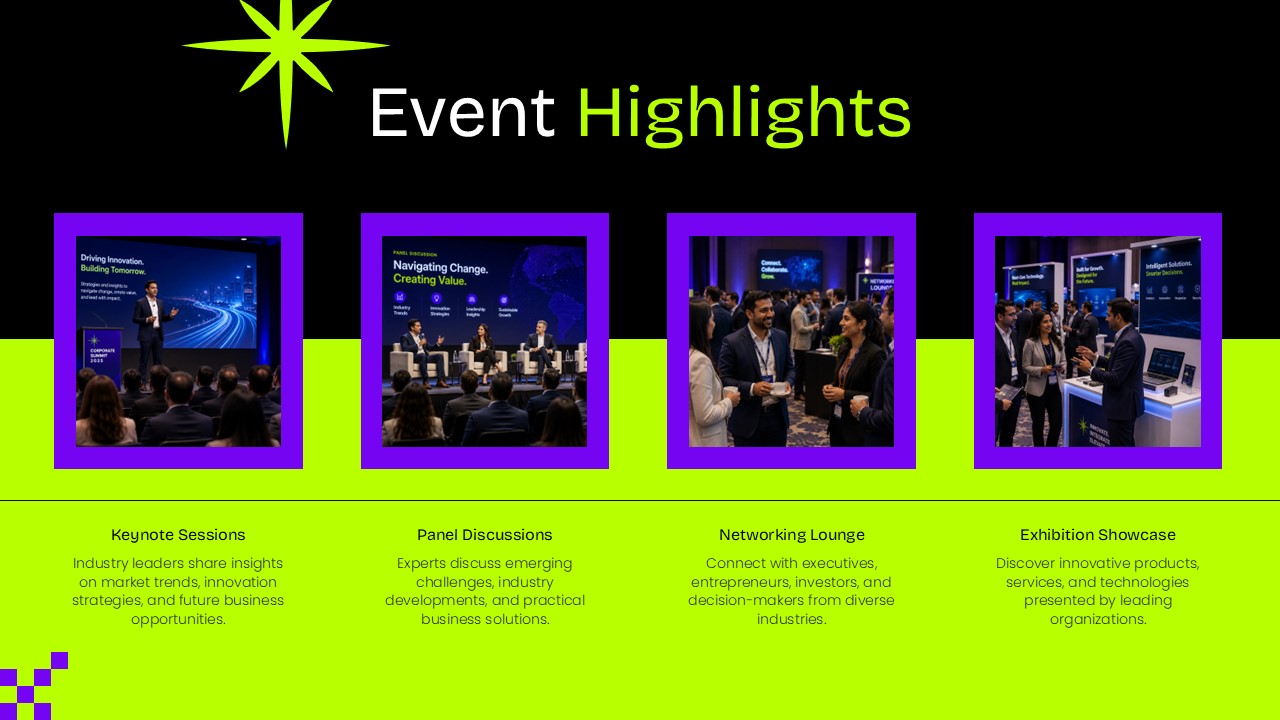 Event Highlights slide from a modern Event Proposal presentation template showcasing keynote sessions, panel discussions, networking lounge, and exhibition showcase in a bold purple, black, and neon green design for PowerPoint and Google Slides.