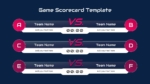 Game Scorecard PowerPoint and Google Slides Template featuring multiple head-to-head match scoreboards with editable team names, timers, and sports competition layout.