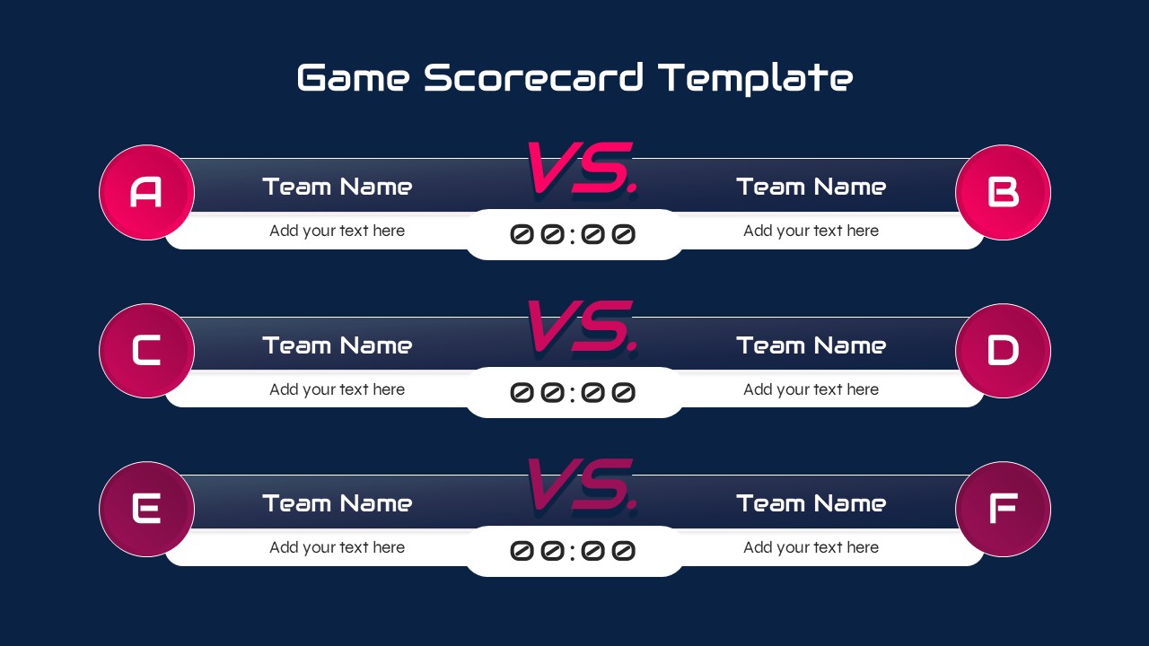 Game Scorecard PowerPoint and Google Slides Template featuring multiple head-to-head match scoreboards with editable team names, timers, and sports competition layout.