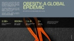 Obesity: A Global Epidemic presentation slide featuring worldwide obesity statistics, WHO data highlights, and key metrics on overweight and obesity rates for healthcare, public health, and medical presentations in PowerPoint and Google Slides.