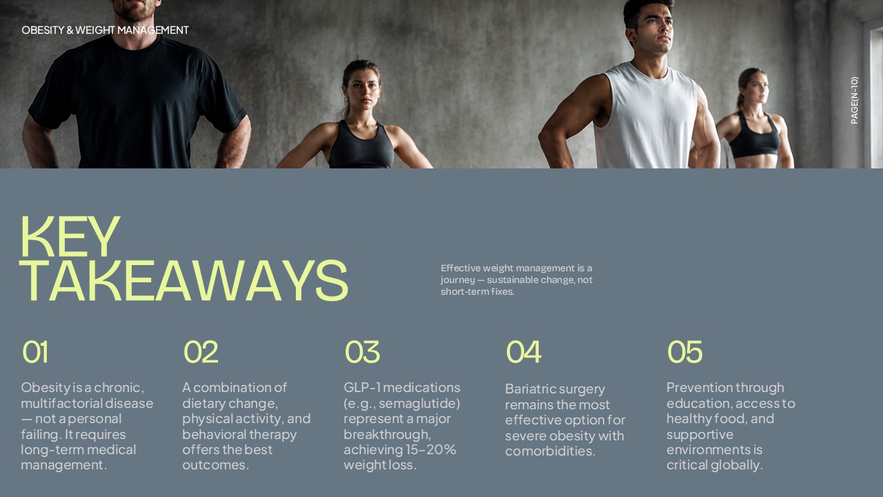 Key Takeaways presentation slide summarizing obesity and weight management insights, including lifestyle changes, GLP-1 medications, bariatric surgery, and prevention strategies, designed for healthcare, medical, and wellness presentations in PowerPoint and Google Slides.