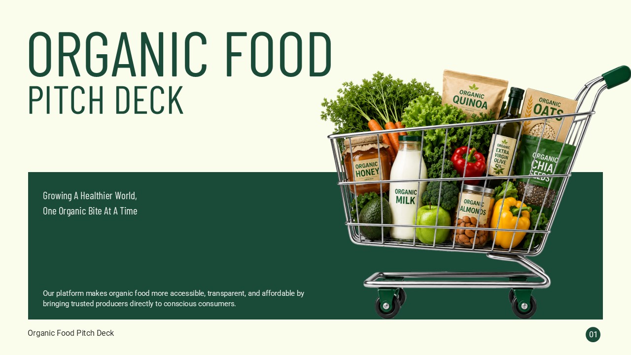 Organic Food Pitch Deck cover slide template for PowerPoint and Google Slides featuring a shopping cart filled with organic groceries and a clean green presentation design.