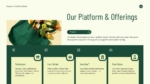 Organic Food Pitch Deck product and platform slide presenting marketplace features, farm stories, certifications, and smart subscription boxes.