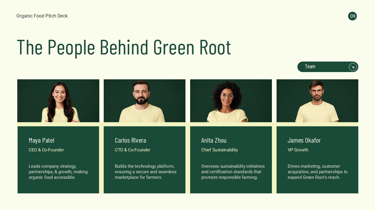 Organic Food Pitch Deck team slide introducing founders and leadership with professional profile layouts for PowerPoint and Google Slides.