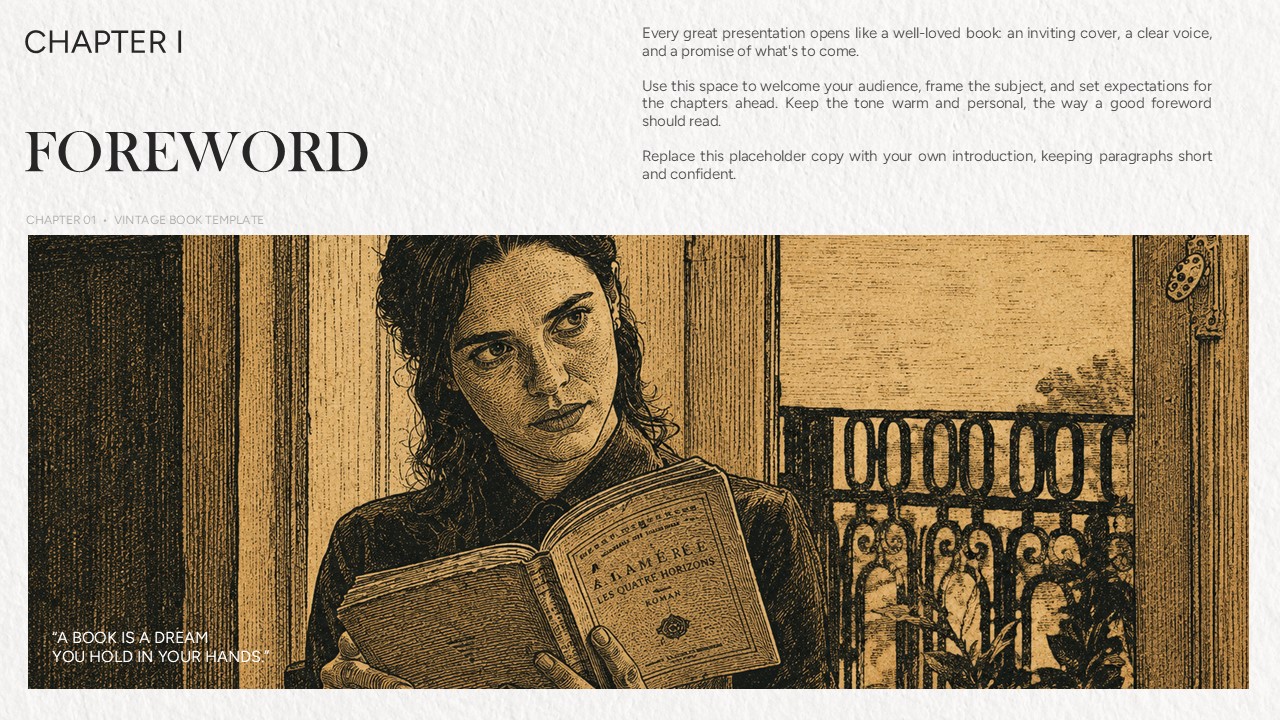 reword introduction slide from The Vintage Book Collection presentation template featuring a vintage-style illustration of a person reading a book, elegant editorial typography, textured paper background, and a chapter introduction layout for literature, education, history, and storytelling presentations.