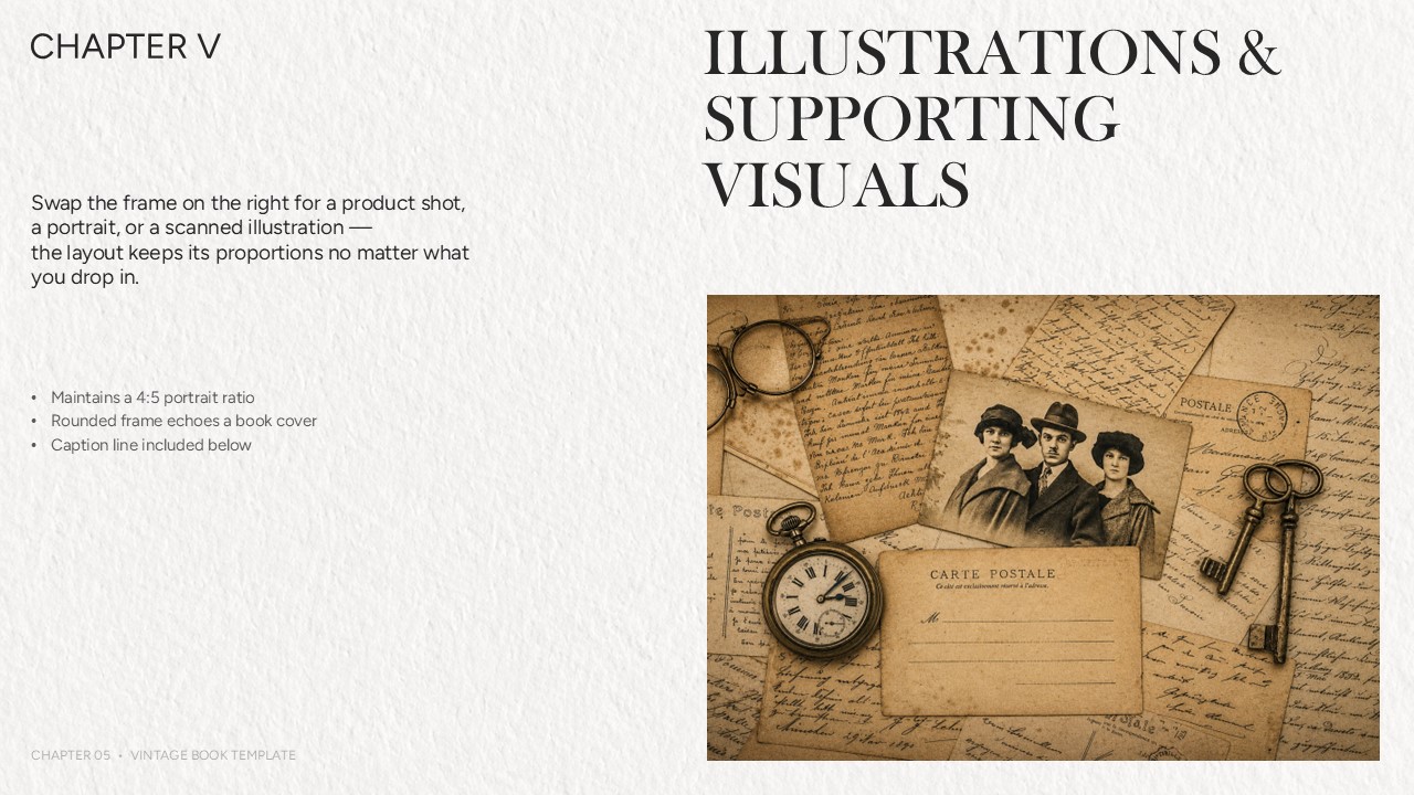 Illustrations and supporting visuals slide from The Vintage Book Collection presentation template featuring a vintage postcard collage with antique photographs, pocket watch, keys, handwritten letters, and editorial typography, ideal for showcasing images, archives, historical content, portfolios, and storytelling presentations.