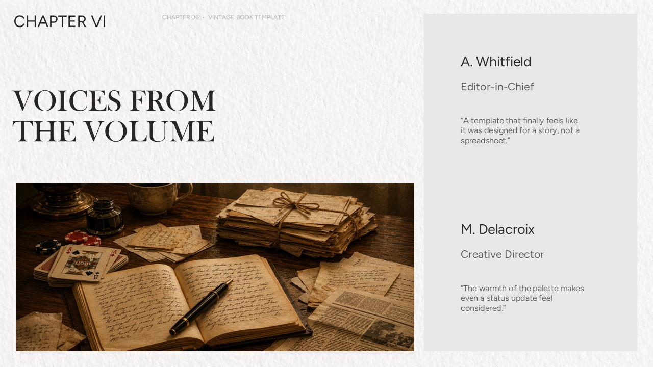 Testimonials and voices slide from The Vintage Book Collection presentation template featuring a vintage desk with handwritten letters, journal, fountain pen, and editorial quotes layout, ideal for client testimonials, author insights, team feedback, case studies, and storytelling presentations.