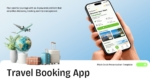 Travel Booking App Pitch Deck presentation cover slide featuring an AI-powered travel booking mobile app, smartphone mockup, luggage, globe, airplane, and editable PowerPoint and Google Slides template for startup and investor presentations.