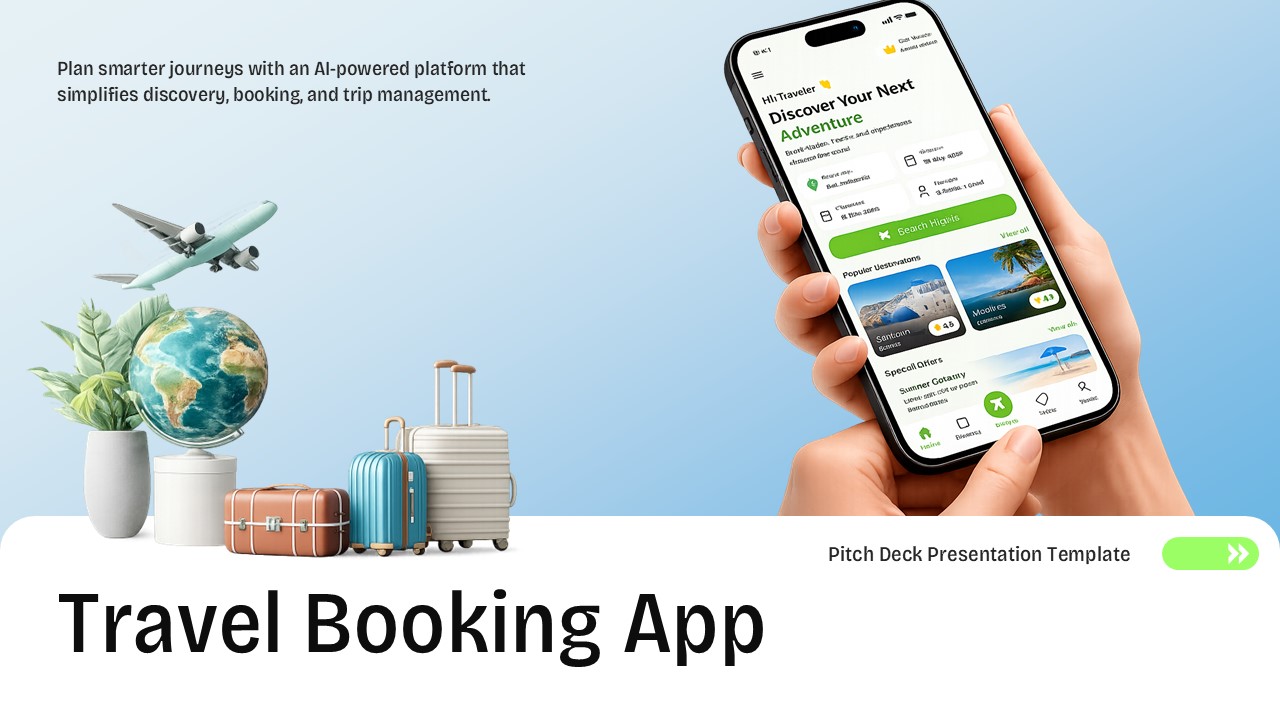 Travel Booking App Pitch Deck presentation cover slide featuring an AI-powered travel booking mobile app, smartphone mockup, luggage, globe, airplane, and editable PowerPoint and Google Slides template for startup and investor presentations.